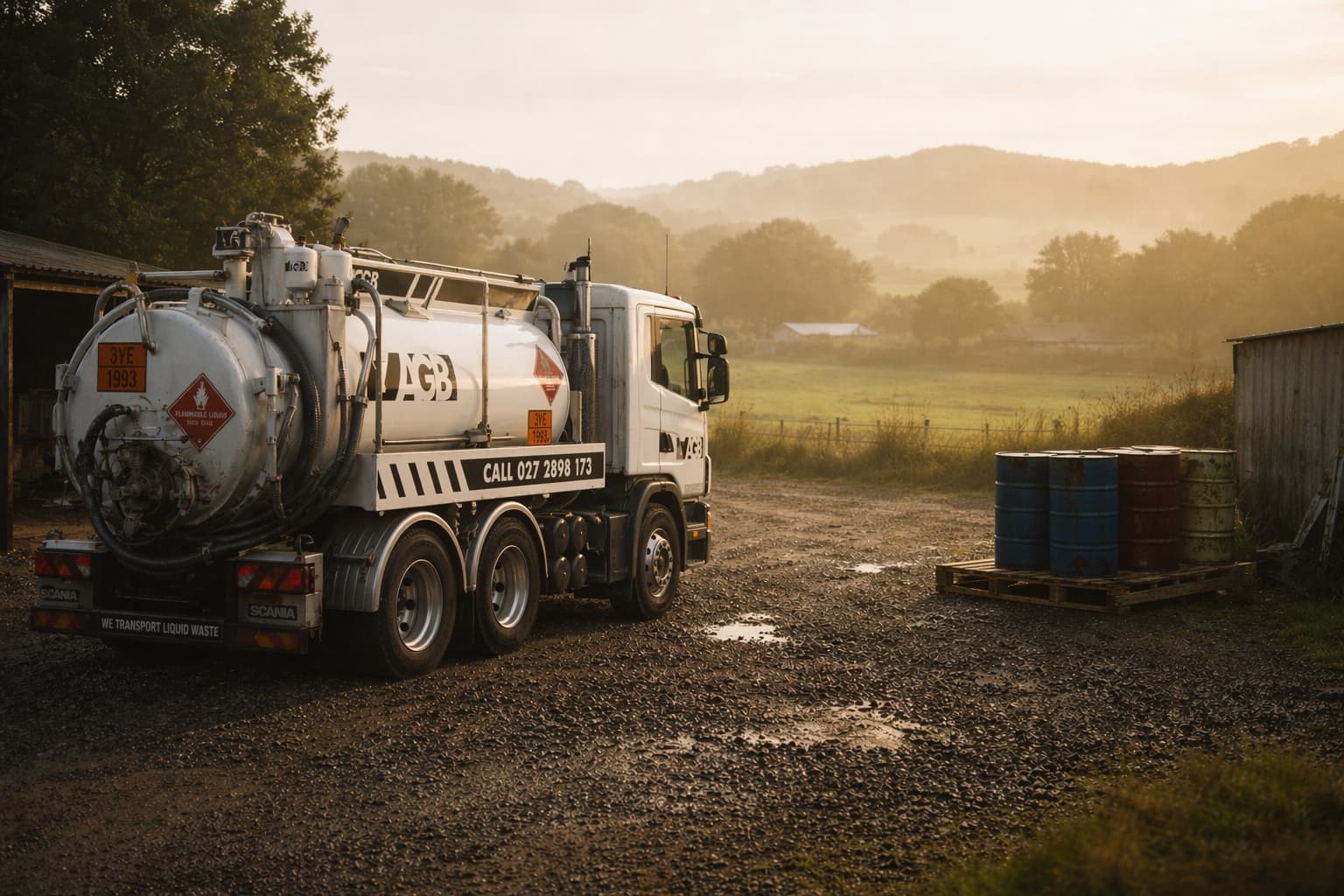 AGB Solutions branded Scania waste oil tanker at sunrise, parked at a rural yard with collection drums ready for loading